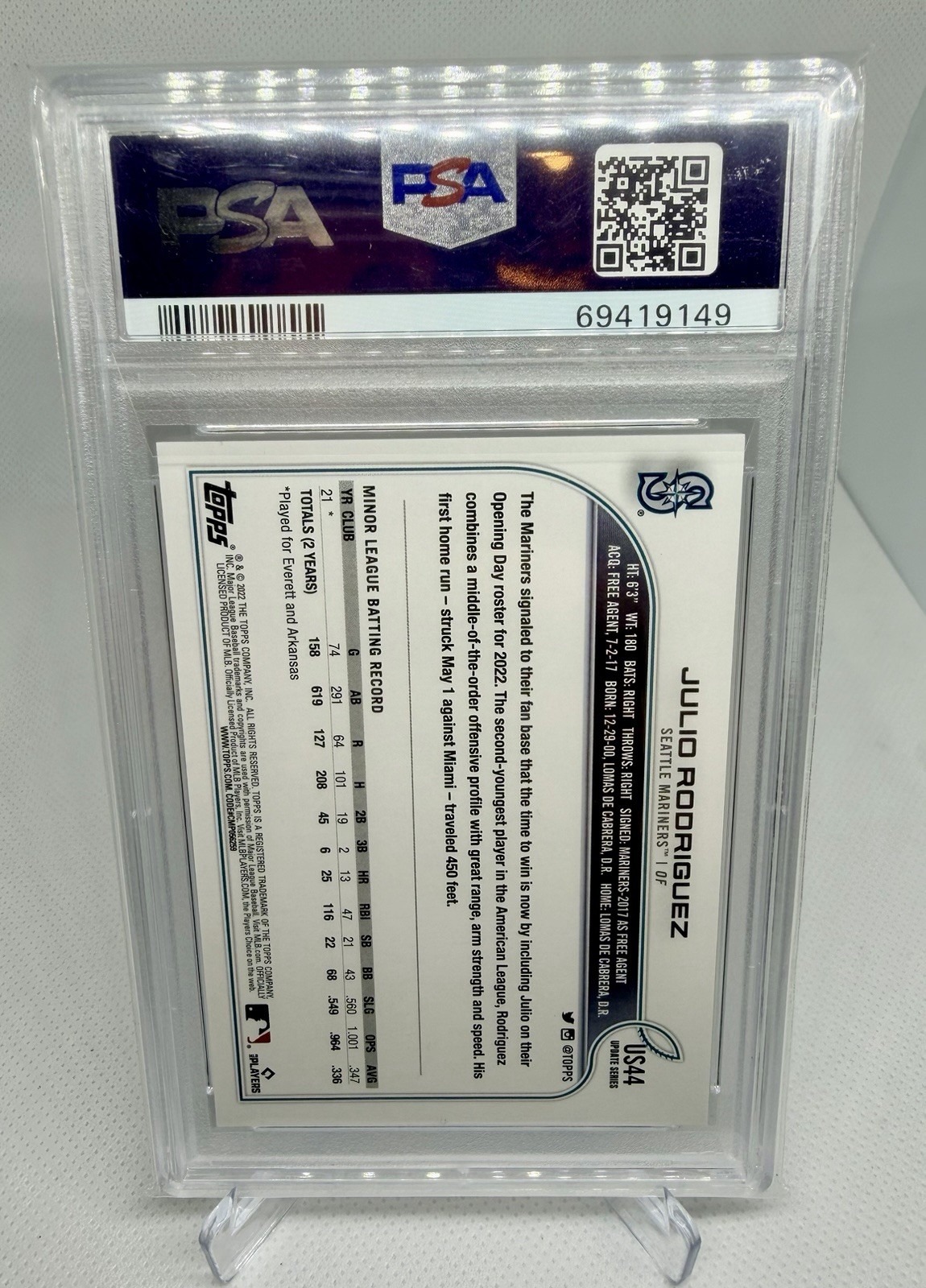 2022 Topps Update Julio Rodriguez #US44 SP RC Rookie PSA 10 GEM MINT view 2