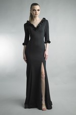 Ruffle-Trim V-Neck Silk Gown