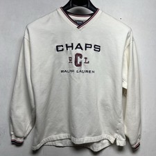 Chaps Ralph Lauren White V-Neck Pullover Sweater L Long Sleeve Embroidered Logo
