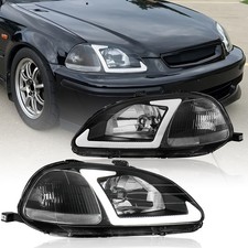 Pair Led Drl Black Housing Headlights Front Lamps For 1996-1998 Honda Civic