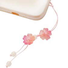 Handmade Pink Cherry Blossom Beads Phone Lanyard, Kawaii Braided Flower Charm