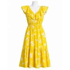 Banana Republic Yellow V-Neck Floral Ruffle Midi Dress - Size S - Cottagecore