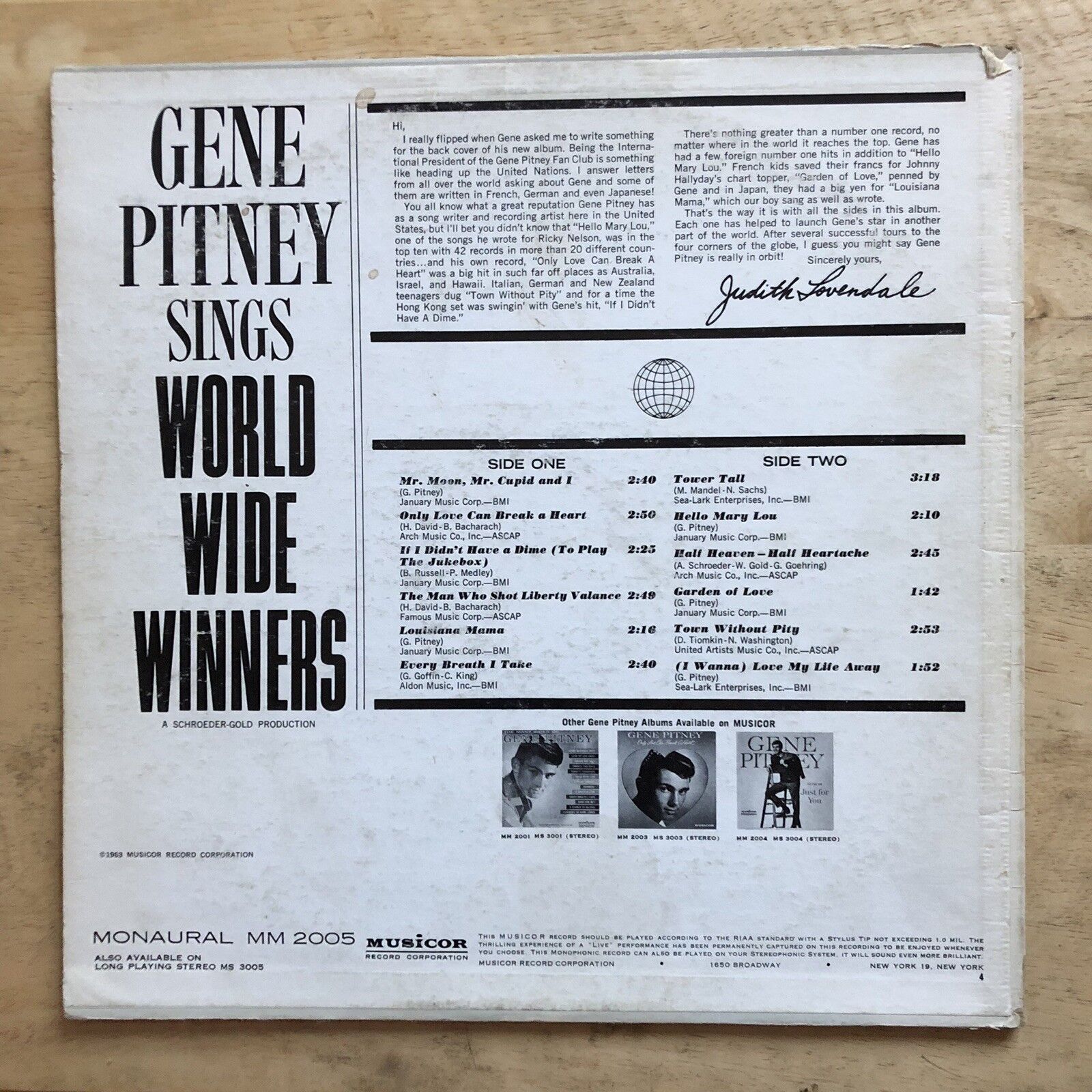 Vintage Gene Pitney - Sings World Wide Winner 1963 Vinyl Musicor Records MM 2005
