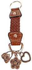 Leather Braided Double Loop Keychain Silver Metal Charms Heart Flower Purse 5.5"