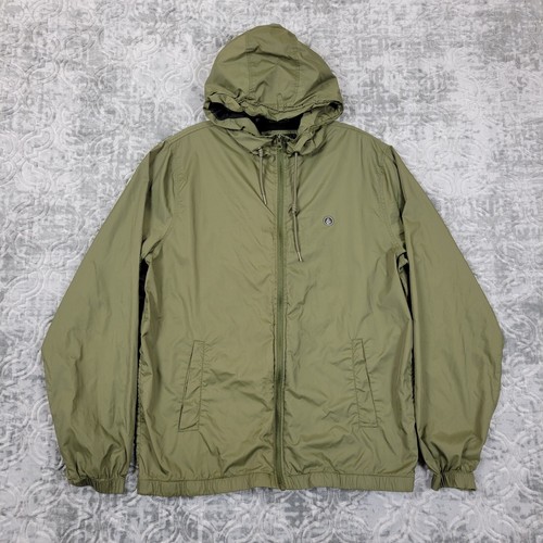 Volcom Jacket Men Large Green Lightweight Windbreaker Full Zip Hooded Drawstring