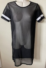 Forever 21 Black Sheer Mesh Striped Trim Crew Neck Women’s T Shirt Dress Size XS