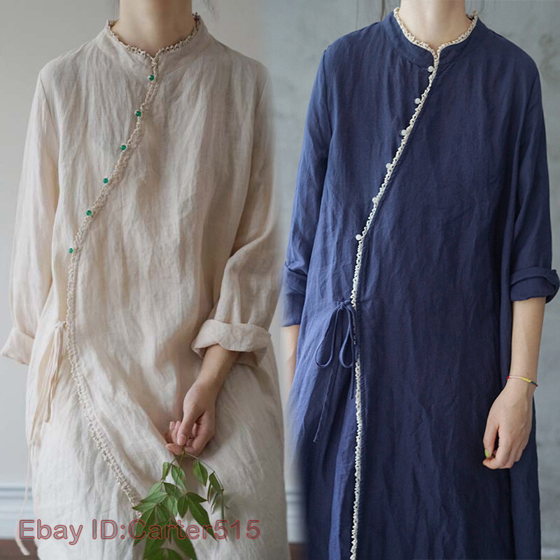 knee length dresses for ladies Cotton & Linen Loose Traditional Chinese Blouse with Strap Buttons Black / Free Size main image 0