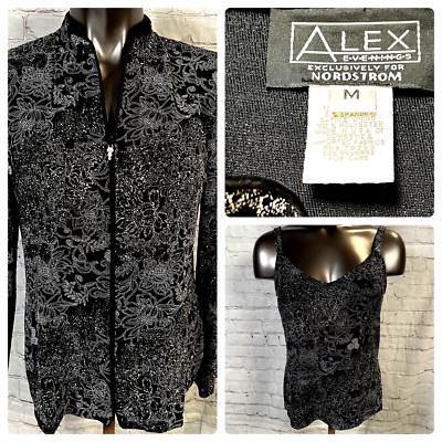 Vtg Alex Evenings Größe M Schwarz & Silber Blumenmuster Hülle & Zip Jacke
