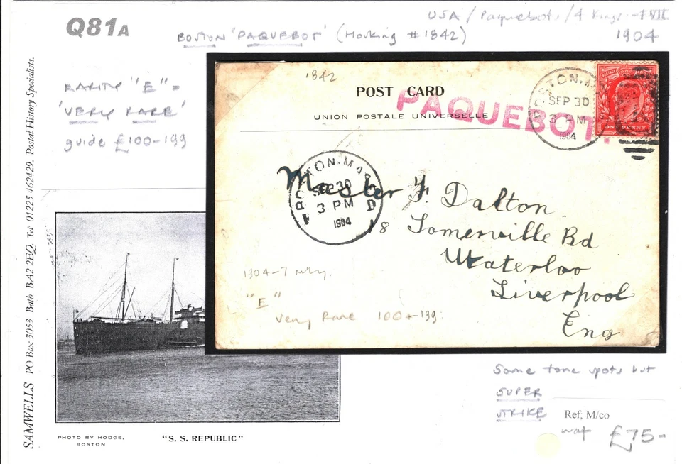 GB Card Used Abroad USA Rare Boston PAQUEBOT 1904 Ship PPC {samwells-covers}Q81a - Image 3 of 4