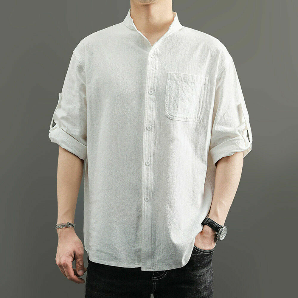 Men's Linen Button-Down Mandarin Collar Shirt