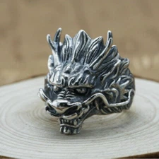 Real 925 Sterling Silver Ring Men's Dragon King Adjustable Size 8 9 10 11