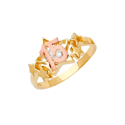14K bicolor Gold CZ Stern Nieten 15 Anos 15 Jahre Geburtstag Quinceanera Ring