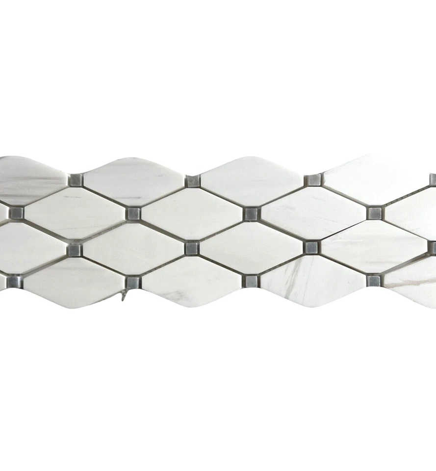 4x12 Dolomita Blanco con Puntos de Mármol Gris Borde Romboide Azulejo Salpicadero Pared Foto 2 de 3