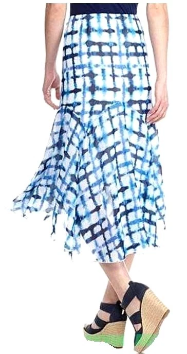 Saia xadrez de chiffon New Directions azul branca em camadas bainha alta-baixa - Imagem 2 de 2