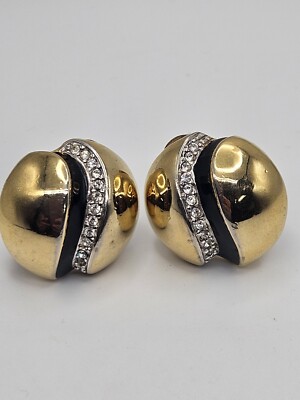 Vintage Signed Courreges Paris Black Enamel Clear Rhinestone Clip On Earrings 