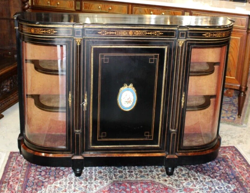 Французский антикварный шкаф-витрина сервировочный сервиз с черной росписью эпохи Людовика XVI - Изображение 3 из 4