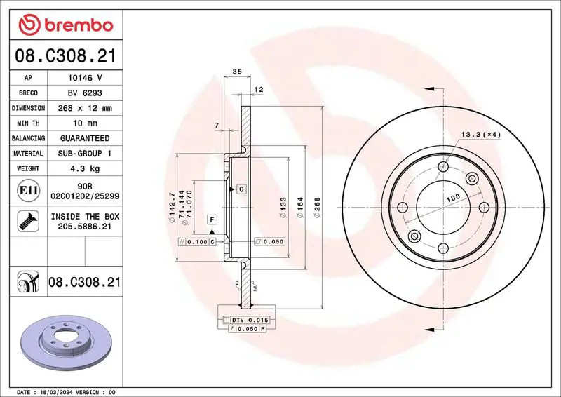 Brembo Bremsscheibe 1 Stück Größe 08 08.C308.21 - Bild 2