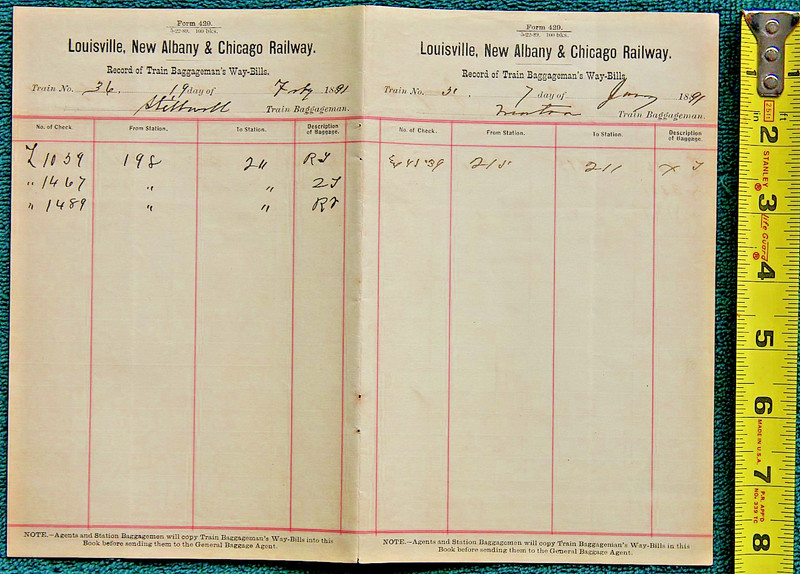 1891 Louisville New Albany & Chicago Railway Baggageman Way Bill Monon Railroad