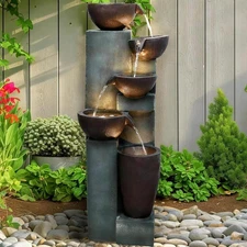 39.7in Tall Outdoor Waterfall Fountain 5-Tier Resin Water Feature LED Lights