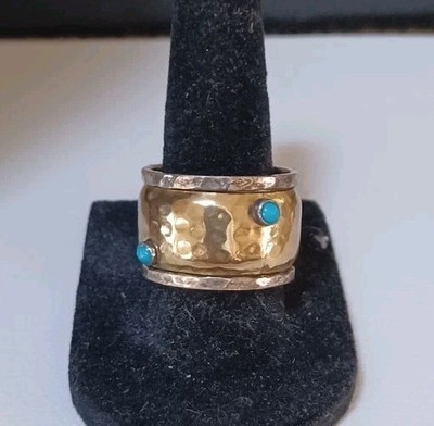 Artisan Crafted Turquoise 2-Tone Ring 925 Adorned W/Brass Sheeting SZ7.5 Spinner