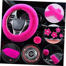 Fluffy Steering Wheel Cover for Women,LXPKKIG Faux Wool Steering Wheel Rose red