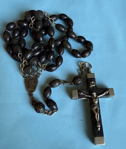 Vintage French Crucifix Rosary Black Ebony Beads Silver Tone Cross 24” France