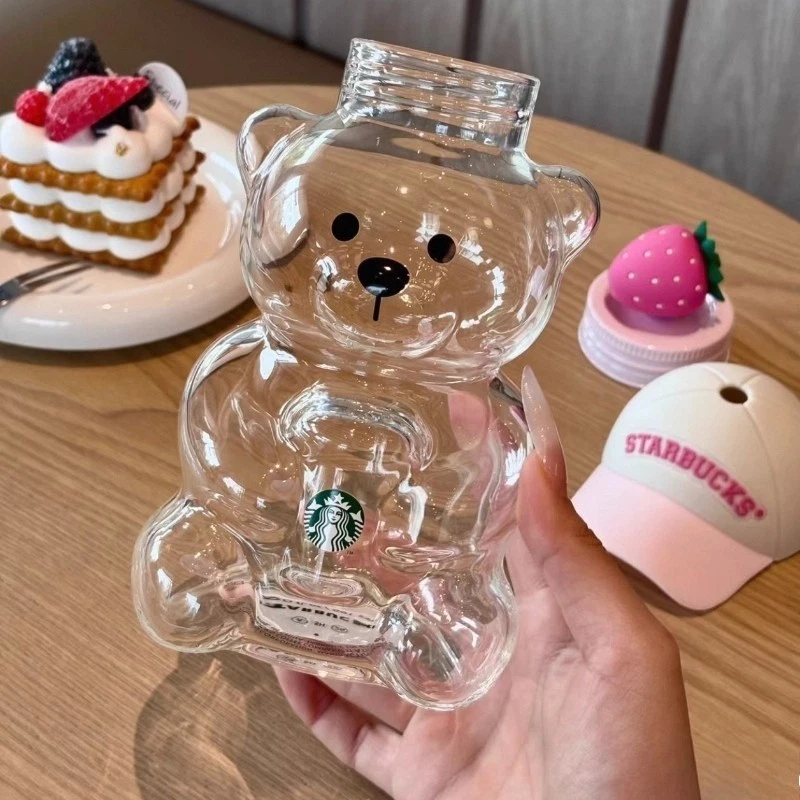 Starbucks Bear-Shaped Glass Cup w/ Pink Straw Clear Pink White