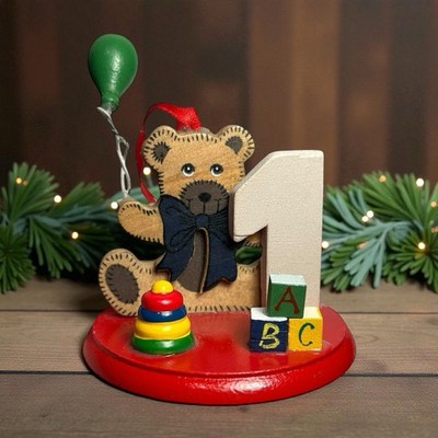 1991 Kurt S Adler  1  Wooden Teddy Bear Balloon and Toys Baby Christmas Ornament
