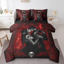 7Pcs Skull Couple Full Comforter Set,Kissing Lovers Skeleton Bedding Sets,Vin...