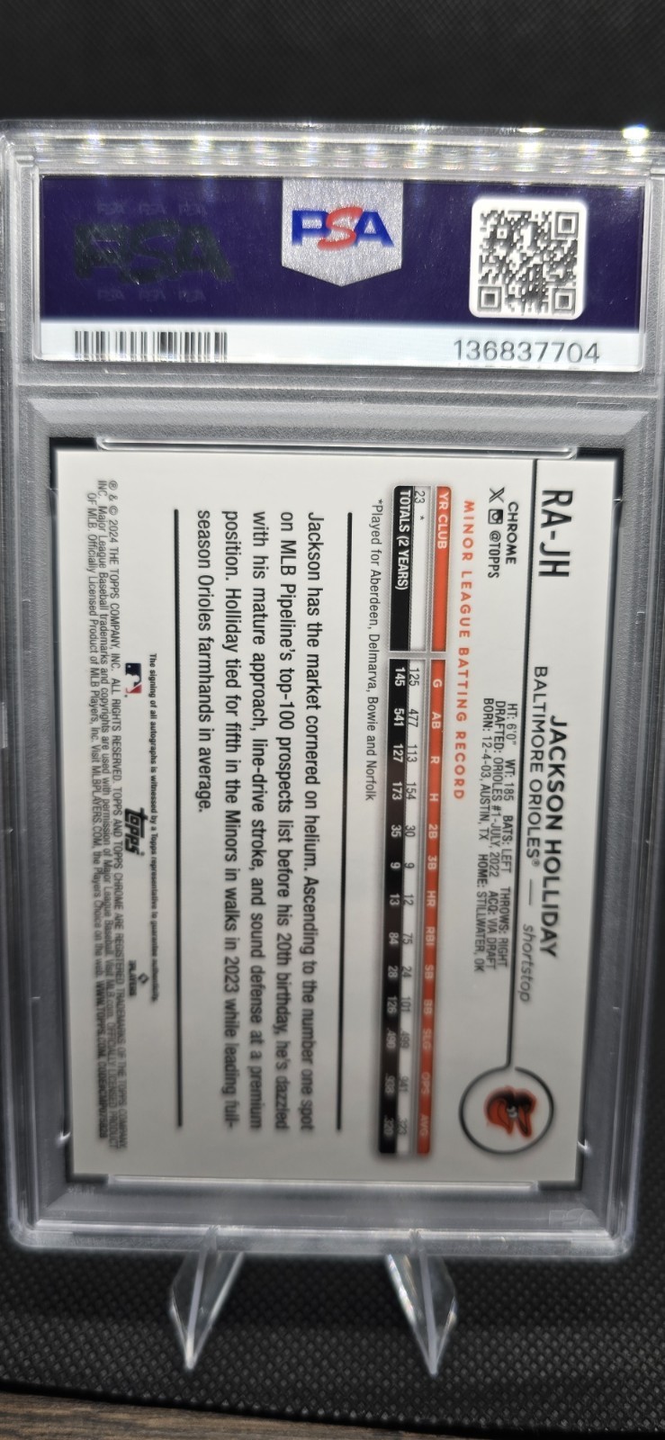 2024 JACKSON HOLLIDAY Topps Chrome ROOKIE AUTO Purple Refractor RAJH /250 PSA 9  view 2