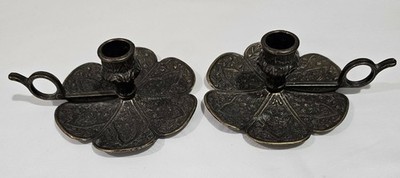Vintage Flower Shaped Brass Metal Chamber Candlestick Holder Made in Italy Pair