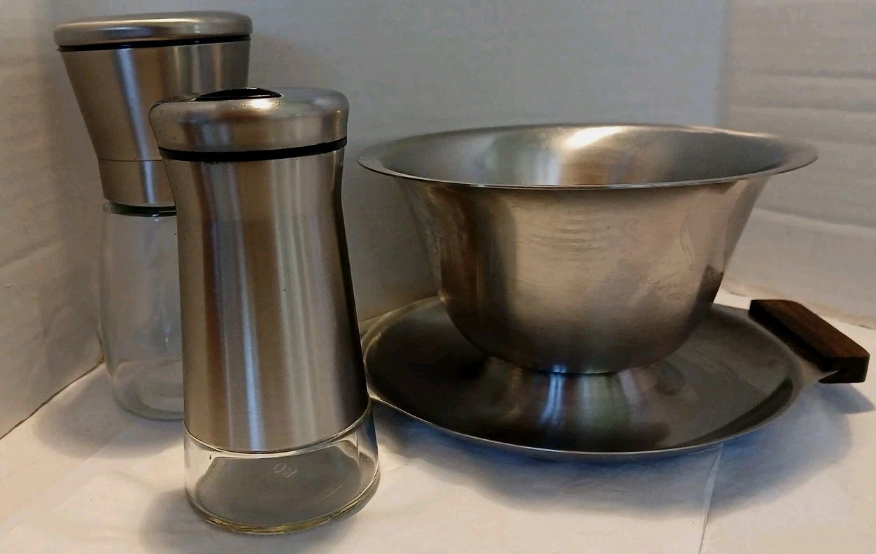 Stainless Steel Salt Shaker & Pepper Grinder 5.5"& 7"Seving Dish w/ Teak Handles
