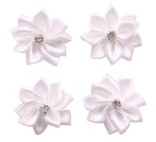 60 PCS White Satin Ribbon Flowers, 1.1, Rose, Rhinestone Appliques, Craft