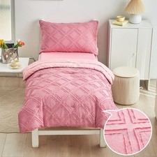 4 Pieces Tufted Toddler Bedding Set Solid Pink Jacquard Tufts, Soft and Embro...