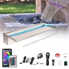 Pool Waterfall 24" APP with 16 Colors LED Lights, Stainless Steel Pond Founta...