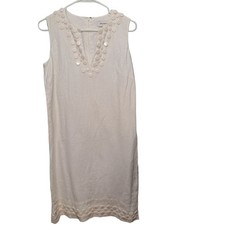 Isaac Mizrahi Womens White Beaded V-neck Linen Fully Lined Shirt Dress Size 6