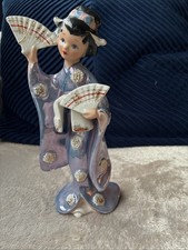 Vintage Geisha Statuette With Two Fans, Porcelain Iridescent Finish.