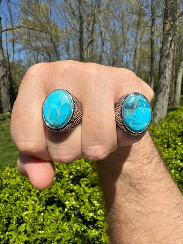 Natural Turquoise Mens Real Solid 925 Silver Handmade Oval Native American Ring - Picture 7 of 24