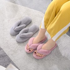 LADIES WOMENS INDOOR WARM SLIP ON FLAT TOE POST FLUFFY SOFY SLIPPERS SLIDERS SIZ