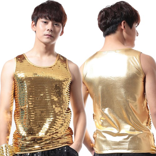 Men Fit Glitter Sequins Vest Tank Tops Showman Dance Party Stage Shirts Costume - Picture 5 of 18