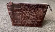 Staud Brown Croc Embossed Leather Clutch Toiletry Make Up Bag