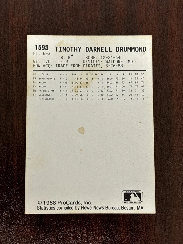1988 ProCards #1593 Tim Drummond AUTO Tidewater Tides Autograph SIgned - Image 2 of 2