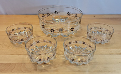 Decover Salad Bowl Set Serving + 4 bowls Glass black flowers gold trim Italy