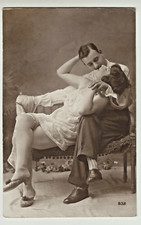 Vintage French Risque Photo Postcard - A couple kissing - Risque
