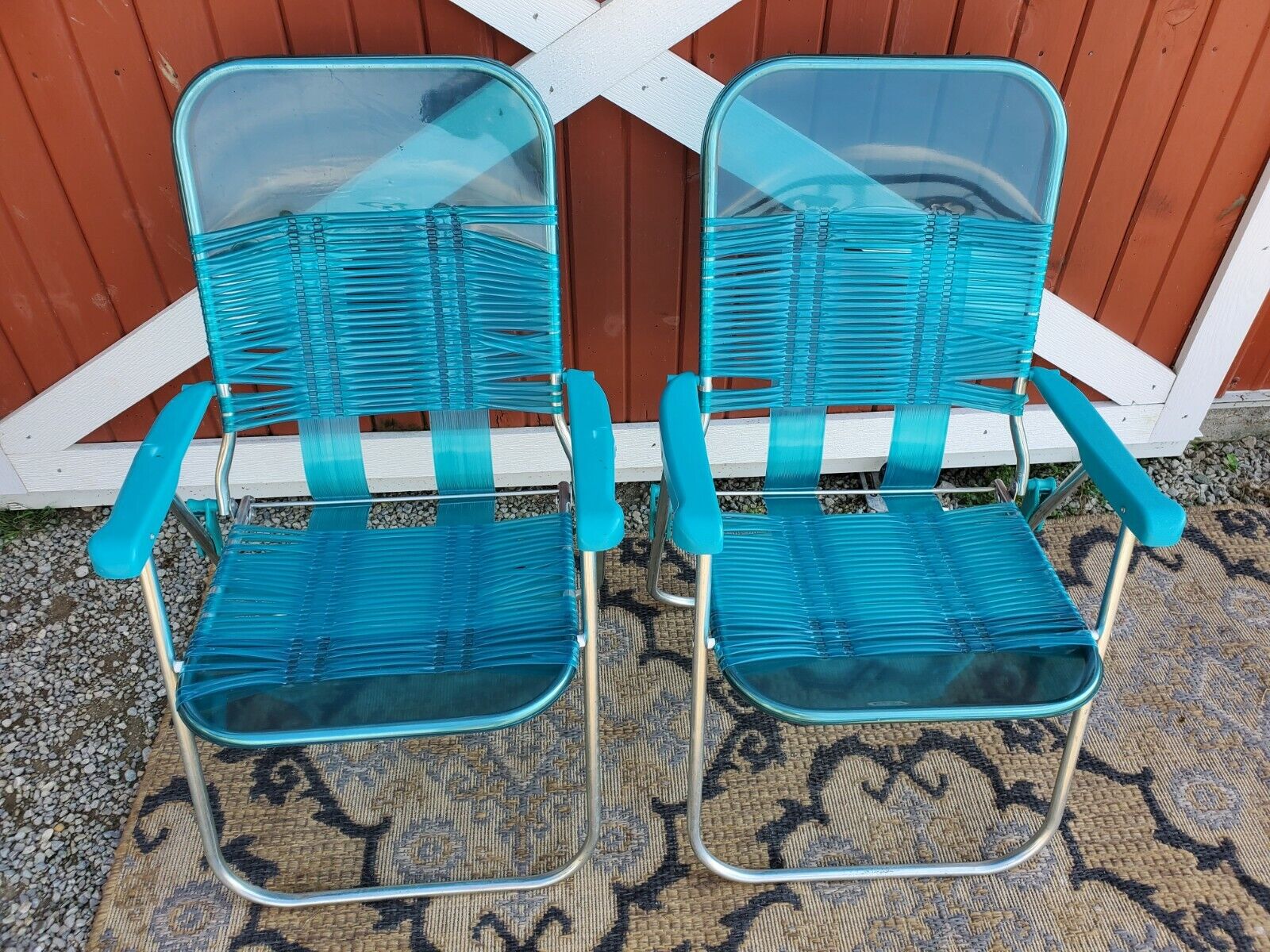 Vintage Folding Lawn Chairs Beach Deck Pool Vinyl Tubing Plastic Light Blue Lot Hoge beoordeling voor verzending van bestelling