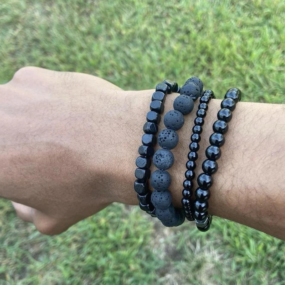 4 pcs Black lava stone Goth stretchy Punk Bracelet set  Y2k Men Women halloween - Image 3 of 4