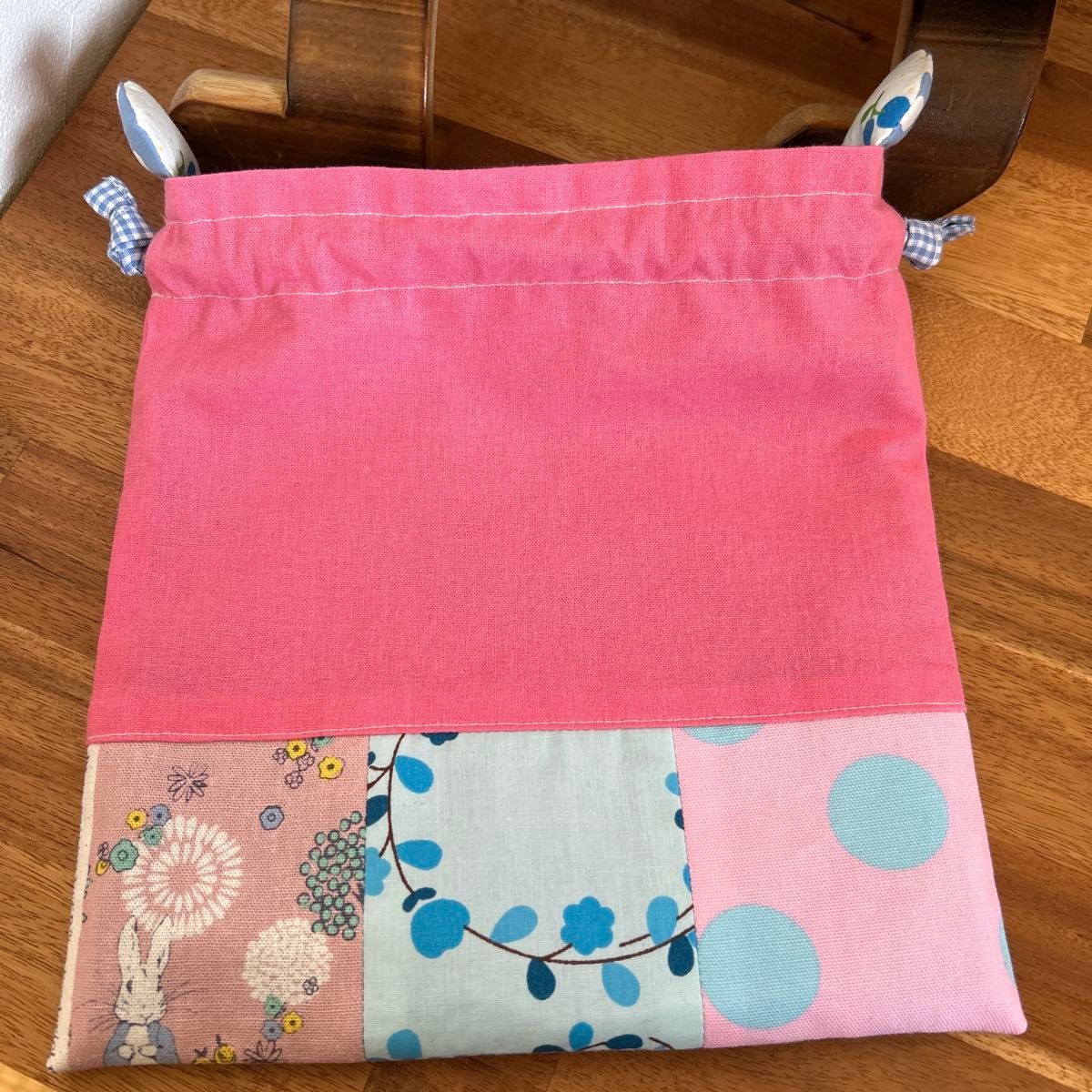 Drawstring Bag Patchwork with Ears Pink Blue Draw… - image 3