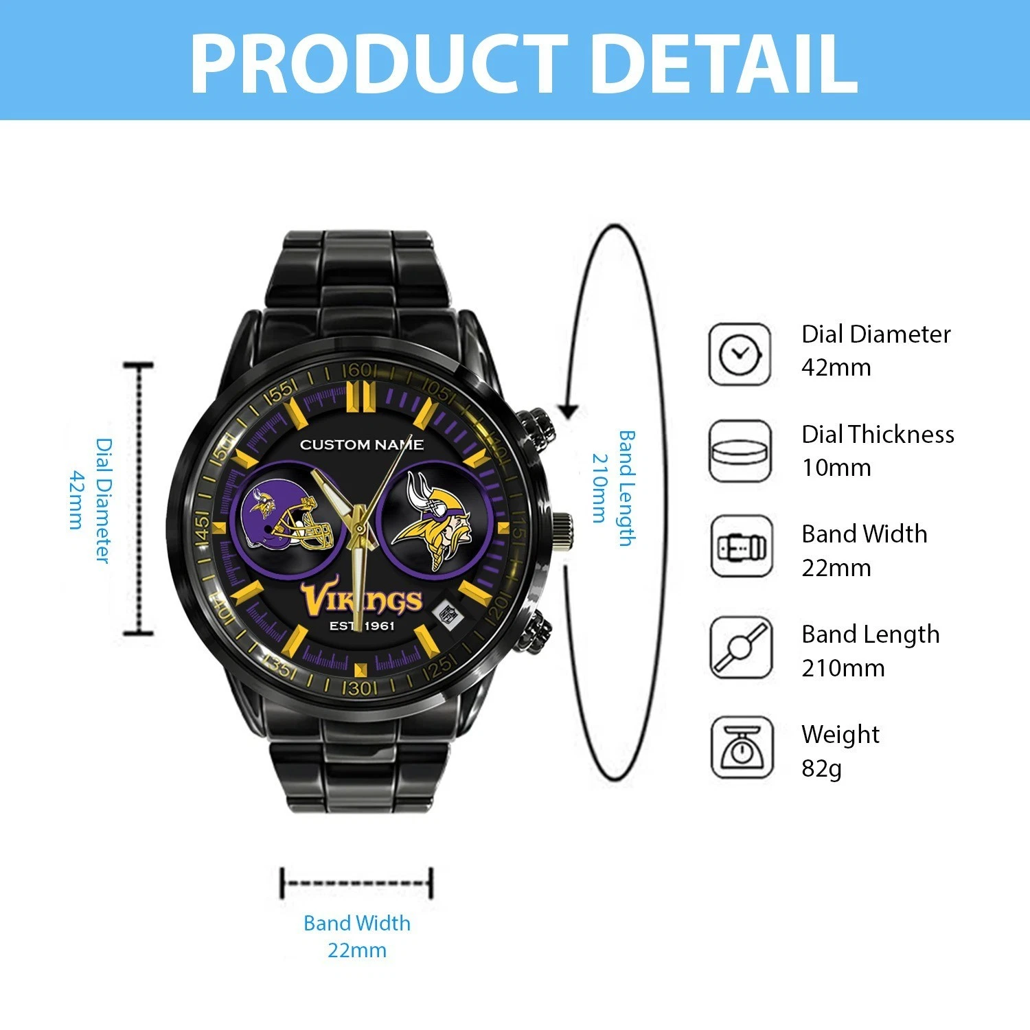 Personalized Minnesota Football Vikingss Team Men Black Stainless Steel Watch