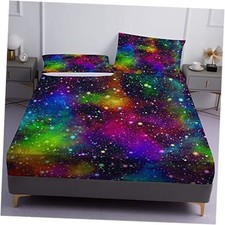 Rainbow Fitted Sheet Set Space Bedding Sheet Set for Kids Sheets Queen Galaxy