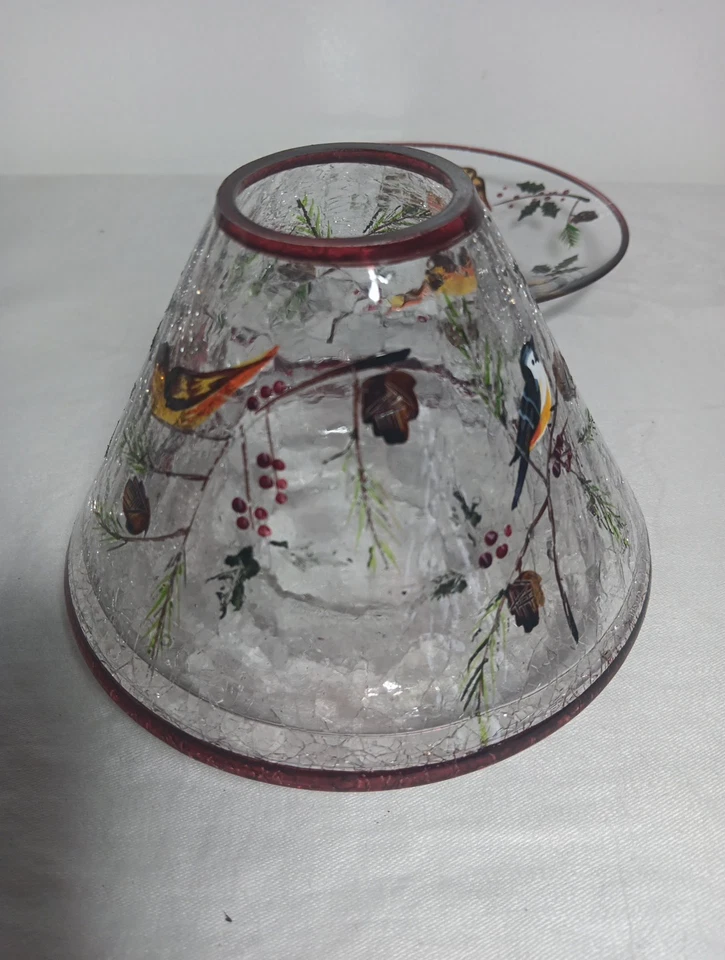Yankee Candle Crackle Glass Winter Birds & Holly Votive Shade w Bottom Plate - Image 4 of 4